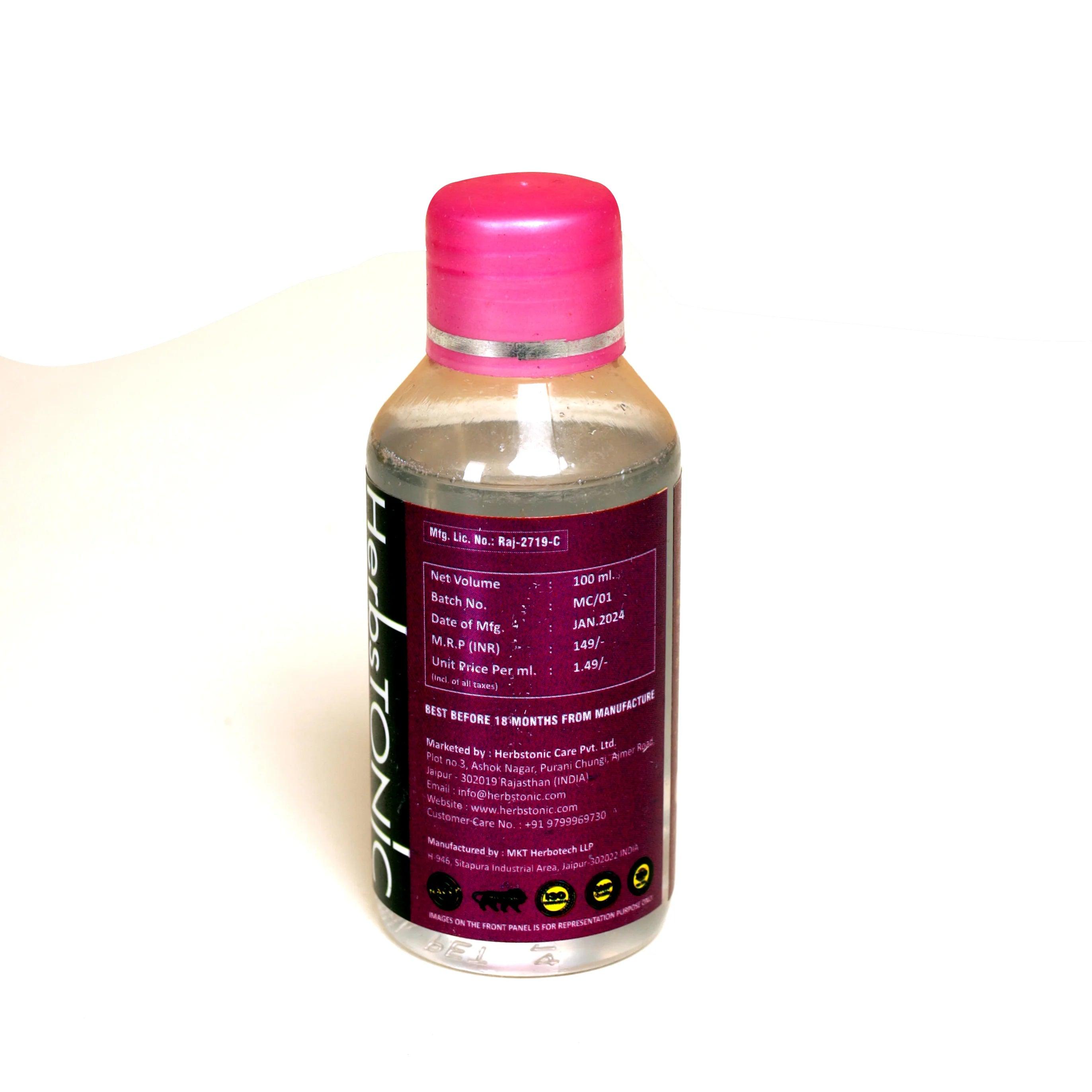 Image showing backside of natural skincare product rose water by herbstonic, a natural beauty brand.