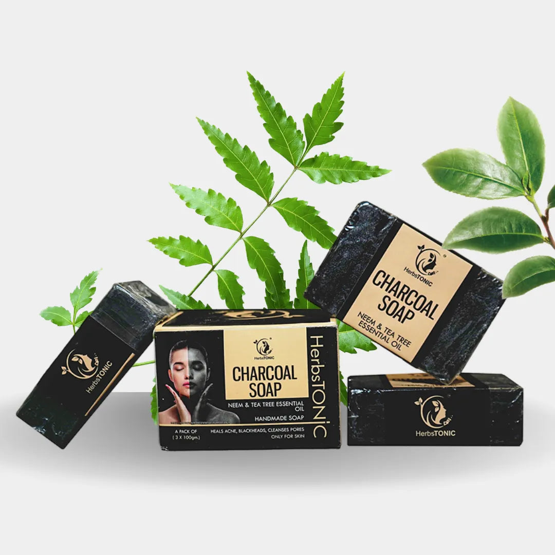 Herbstonic organic body care charcoal soap with neem and tea tree essentials.