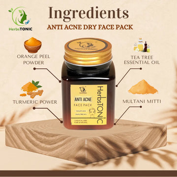 anti acne dry face pack by herbstonic natural skincare brand. it contains herbal ingredients like multani mitti, turmeric powder, orange peel powder, tea tree essential oil.