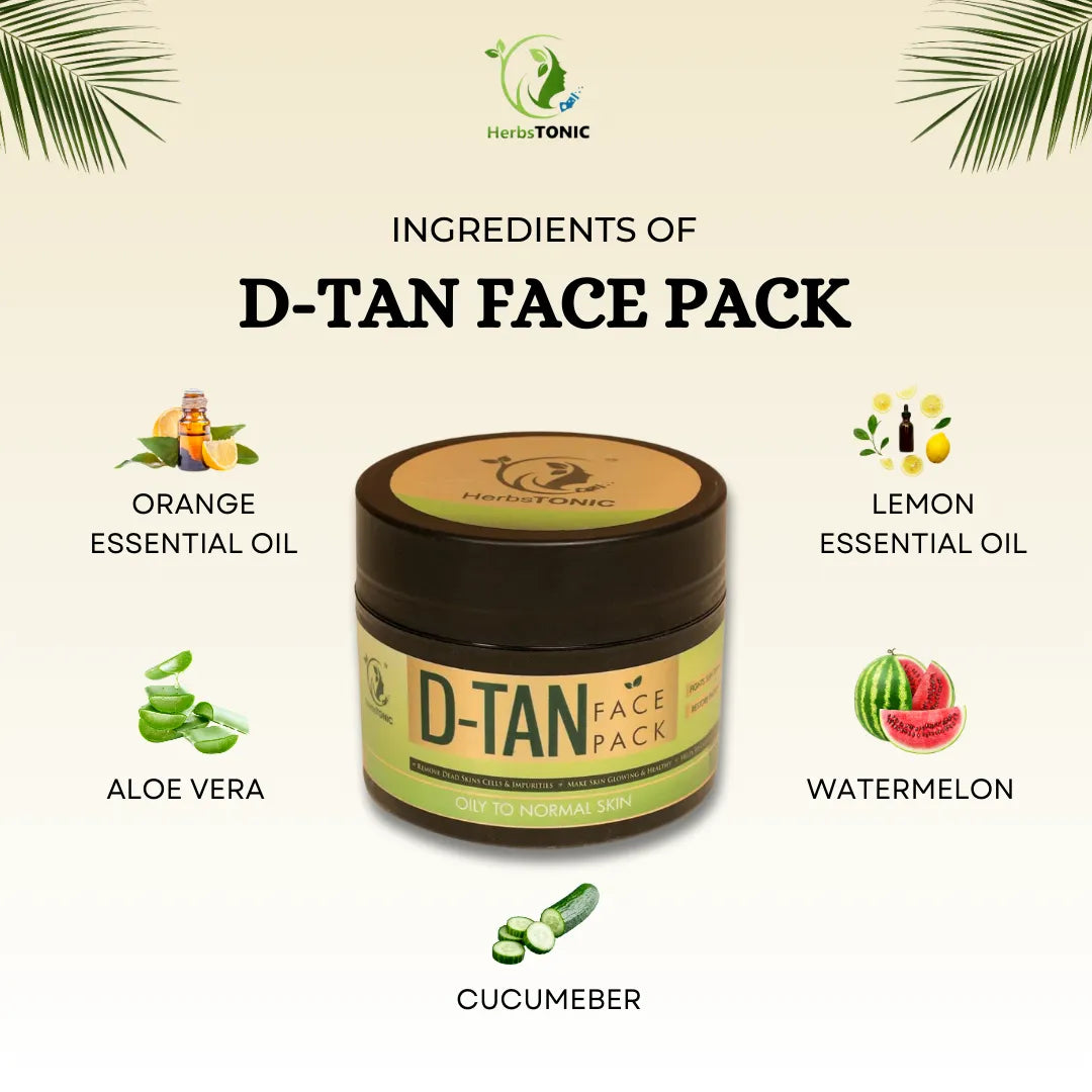 Image showing ingredients of herbstonic D-tan face pack. It consists of orange essential oil, lemon essential oil, aloe vera and watermelon. herbal skin care product.