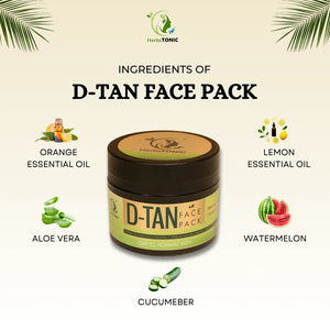 Image showing ingredients of herbstonic D-tan face pack. It consists of orange essential oil, lemon essential oil, aloe vera and watermelon. herbal skin care product.