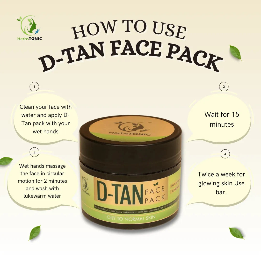 Image explaining how to use D-Tan face pack by Herbstonic. A natural skin care product by a chemical free skincare brand.