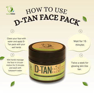 Image explaining how to use D-Tan face pack by Herbstonic. A natural skin care product by a chemical free skincare brand.