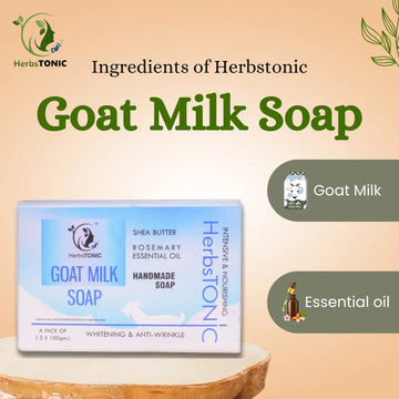 An image showing organic body care handmade soap created from goat milk by Herbstonic natural skincare brand.