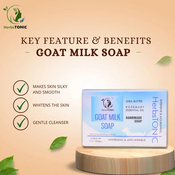 an image explaining key features and benifits of a natural body care soap made of goat milk by herbstonic.