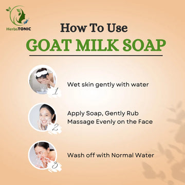 An image explaining instructions on how to use goat milk soap by natural skin care brand herbstonic.