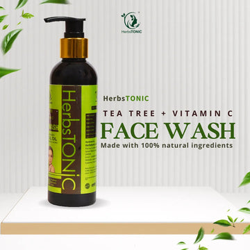 in this image, a natural beauty product tea tree essentials plus vitamin C Face wash by Herbstonic. Made with 100% natural ingredients.