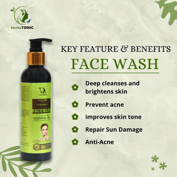 In this image key feature and benifits are explained of using natural skin care product tea tree face wash by Herbstonic.