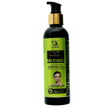 In this image, a bottle of herbstonic natural skincare tea tree essential face wash is shown.