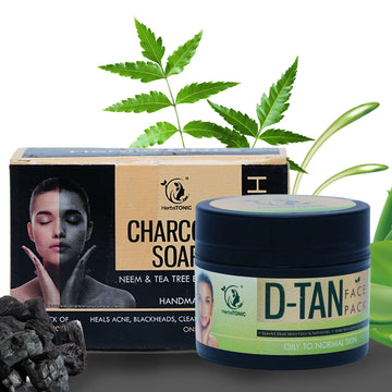 An image showing Charcoal soap and D-tan face pack combo delivering a perfect organic body care solution.