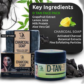 An image explaining key ingredients of D-tan face pack and charcoal soap by herbtonic brand, a natural skin care and organic body care solution brand.