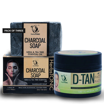 A image in which combo of D-tan face pack and pack of 3 charcoal soap by Herbstonic, a natural skincare brand.