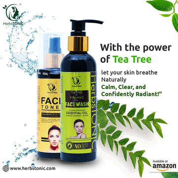 In this image, the best natural skincare combo tea tree face wash with face toner by Herbstonic is displayed.