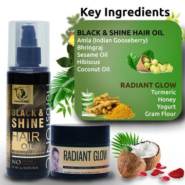 Image showing key ingredients of Black and shine hair oil by herbstonic and radiant glow face pack by herbstonic. Key ingredients like amla, bhringraj, sesame oil, hibiscus, coconut oil and turmeric, honey, yogurt, gram flour.