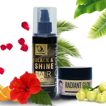 Combo of herbstonic herbal hair oil black and shine hair oil and natural skin care product radiant glow.