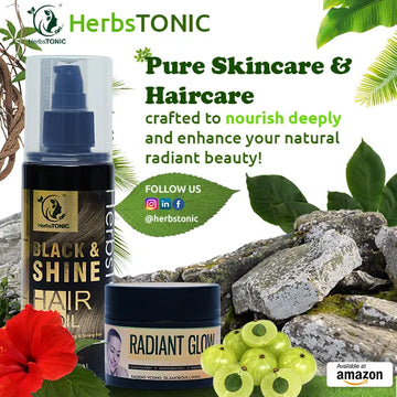 Herbstonic pure skincare and haircare combo, Black and shine herbal hair oil and chemical free skin care radiant glow face pack.