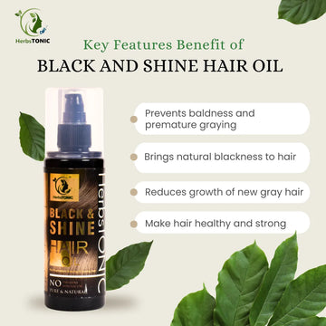 Image shows key features and benifits of black and shine herbal hair oil by herbstonic. 