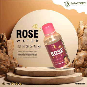 An image of rose water by herbstonic, a natural beauty product brand.