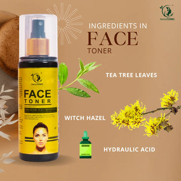 An explanatory image of ingredients of chemical free skin care face toner by herbstonic.