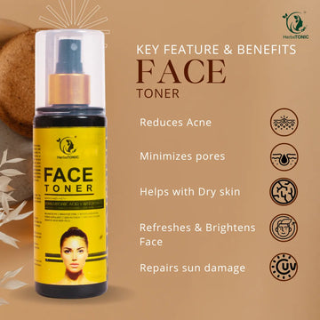 In this image, key features of herbstonic's natural skin care product, face toner is explained. 