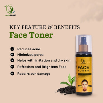 An image explaining the key features and benifits of Herbstonic herbal skin care face toner.