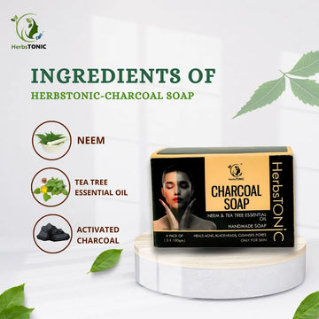 Herbstonic charcoal soap ingredients neem, tea tree essential oil, activated charcoal.