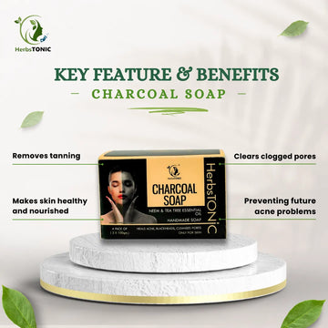 Image of charcoal soap organic boyd care solution by herbstonic. Image showing it's key features and benifits.