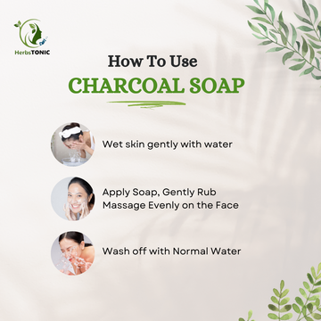 Image explaining how to use charcoal soap by herbstonic, a natural skin care brand which provide organic body care products.