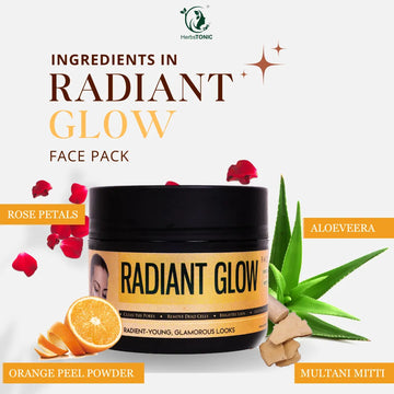 This image shows ingredients rose petals, aloevera, orange peel powder, multani mitti in radiant glow face pack by herbstonic, a natural beauty brand. 