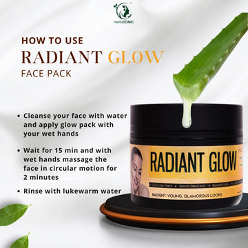 Image explains how to use radiant glow face pack by herbstonic natural beauty brand. 