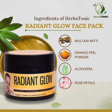 This image shows key ingredients of Radiant Glow face pack by herbstonic, a natural beauty brand.