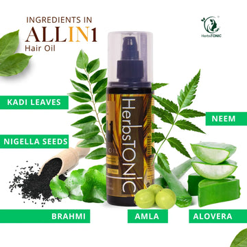 Herbstonic all in one hair oil with natural ingredients as Kadi leaves, neem, nigella seeds, brahm, amla, aloevera. perfect for herbal hair care.