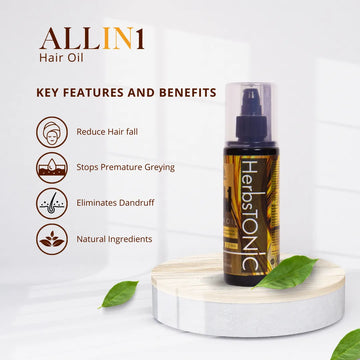 Herbstonic All in 1 hair oil with key features and benifits like reduced hair fall, stops premature greying, eliminates dandruff, natural ingredients.