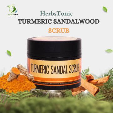 In this image, a natural beauty product turmeric sandal scrub by skincare brand herbstonic is shown.