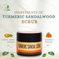 In this image, herbal skincare product by herbstonic, turmeric sandal scrub's ingredients are shown.