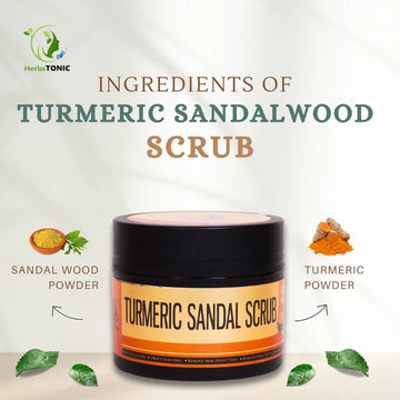 In this image, herbal skincare product by herbstonic, turmeric sandal scrub's ingredients are shown.