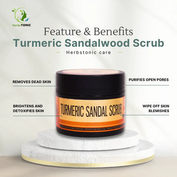 in this image, feature and benifits of herbal skin care turmeric sandal scrub by herbstonic is shown.