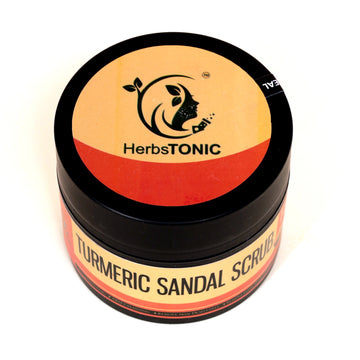 In this image, a herbal personal care product turmeric sandal scrub by herbstonic is shown.